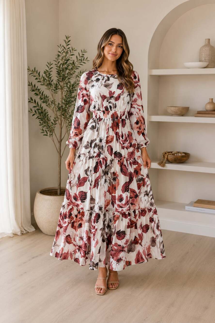 KATE and LILY Floral Tiered Long Sleeve Maxi Dress Size 4 Boho Romantic